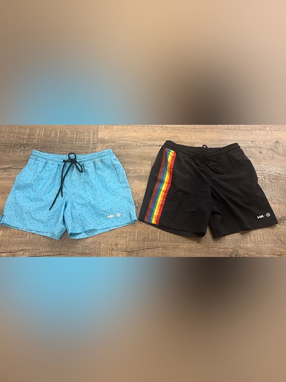 2 pair small men woman shorts Humankind black with stripes & blue sprinkles